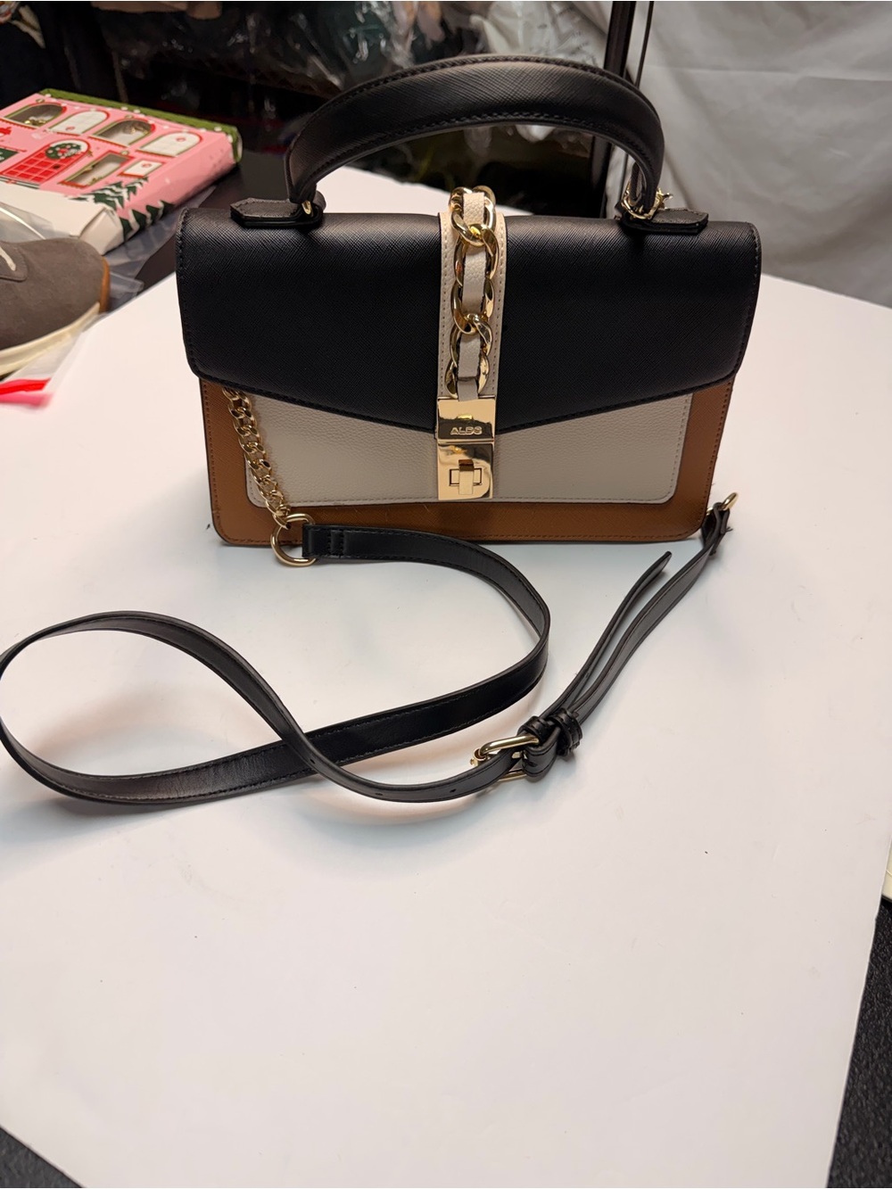 Aldo Black White Tan Colorblock Top-Handle Satchel